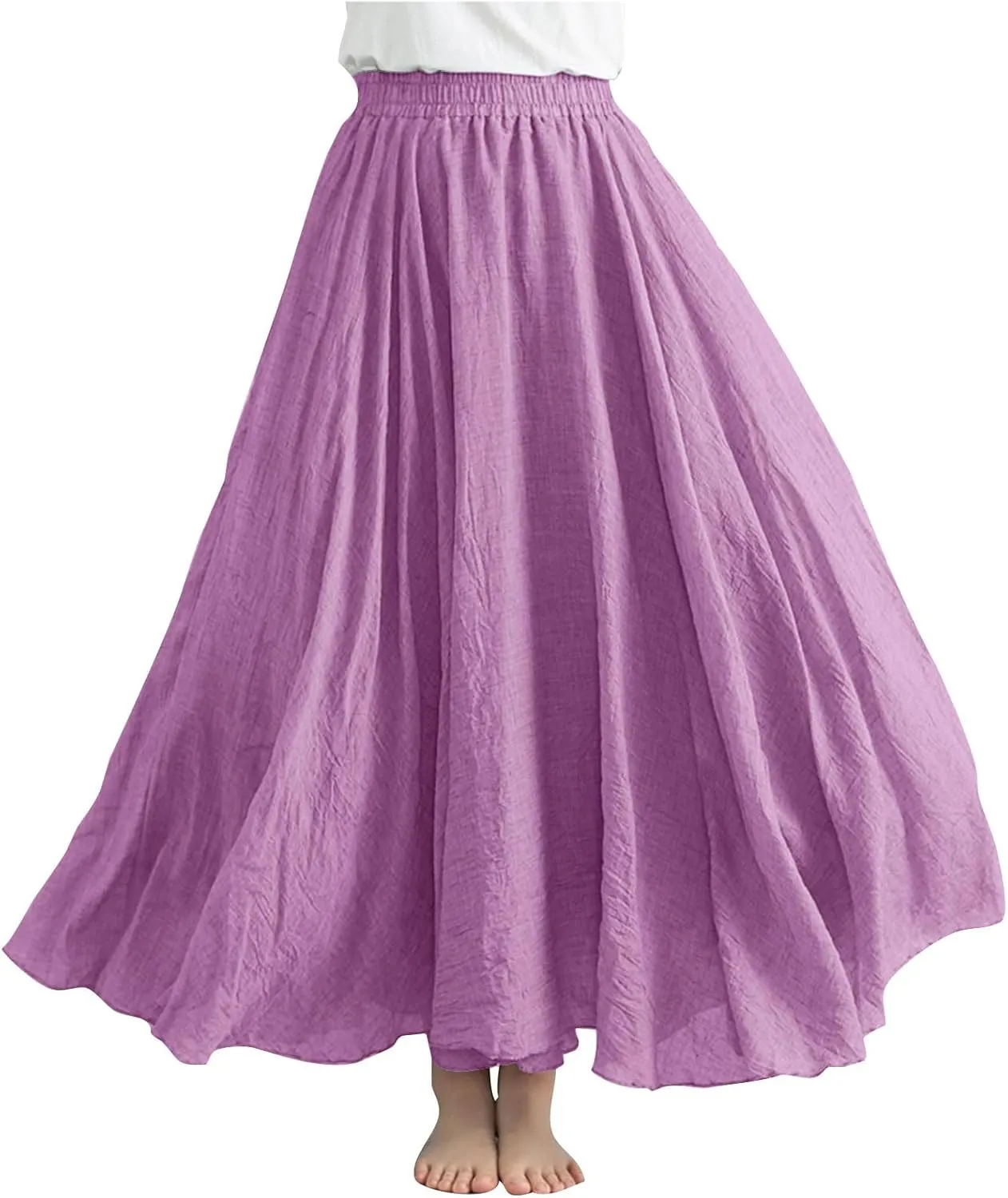 Womens Cotton Linen Maxi Skirts Summer Boho Solid Beach Elastic High Waist Pleated A-Line Flowy Swing Long Maxi Skirt