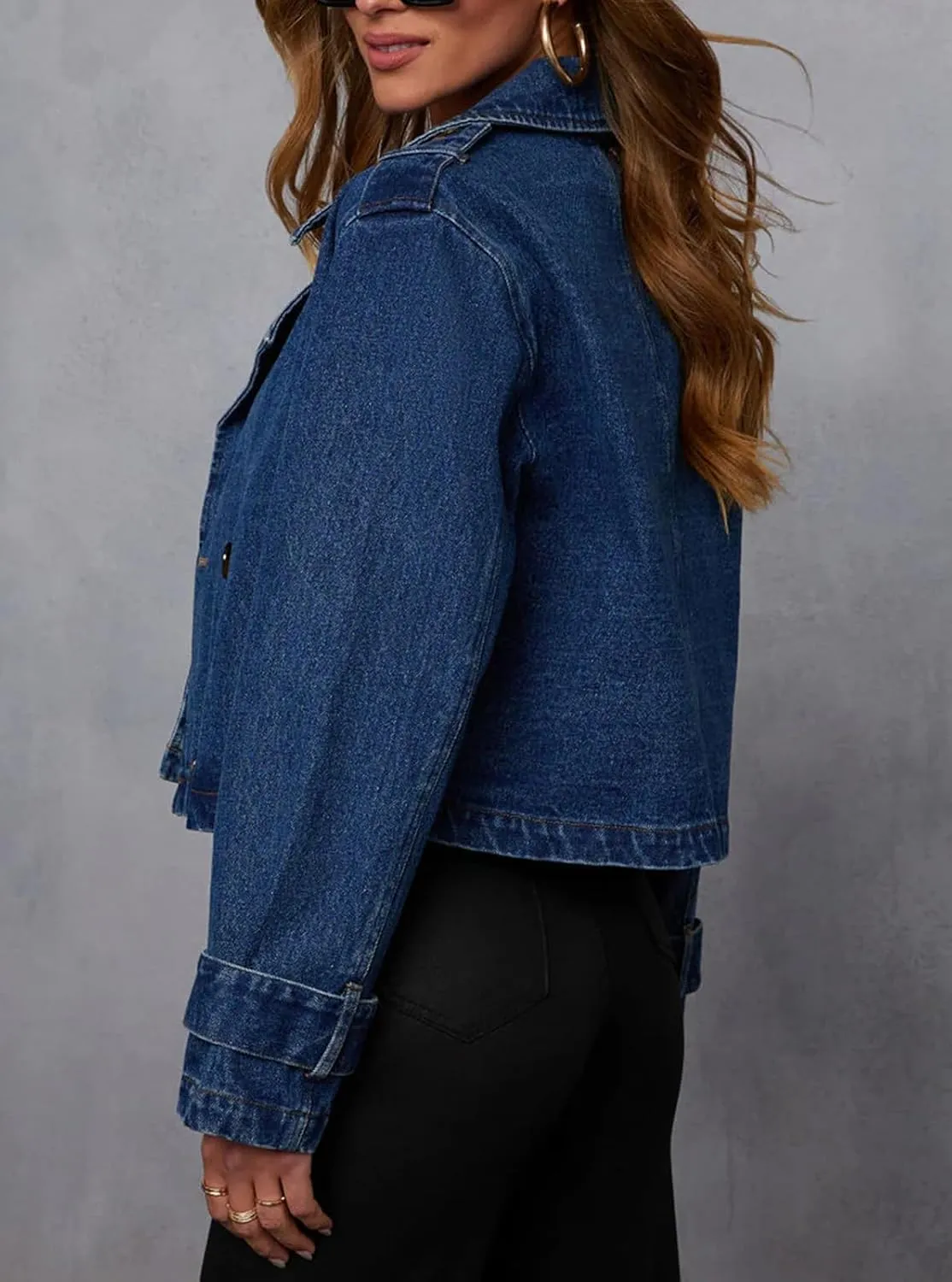 Womens Cropped Double Breasted Denim Trench Coat Vintage Notched Collar Work Office Crop Jean Jacket Belted Cuffs