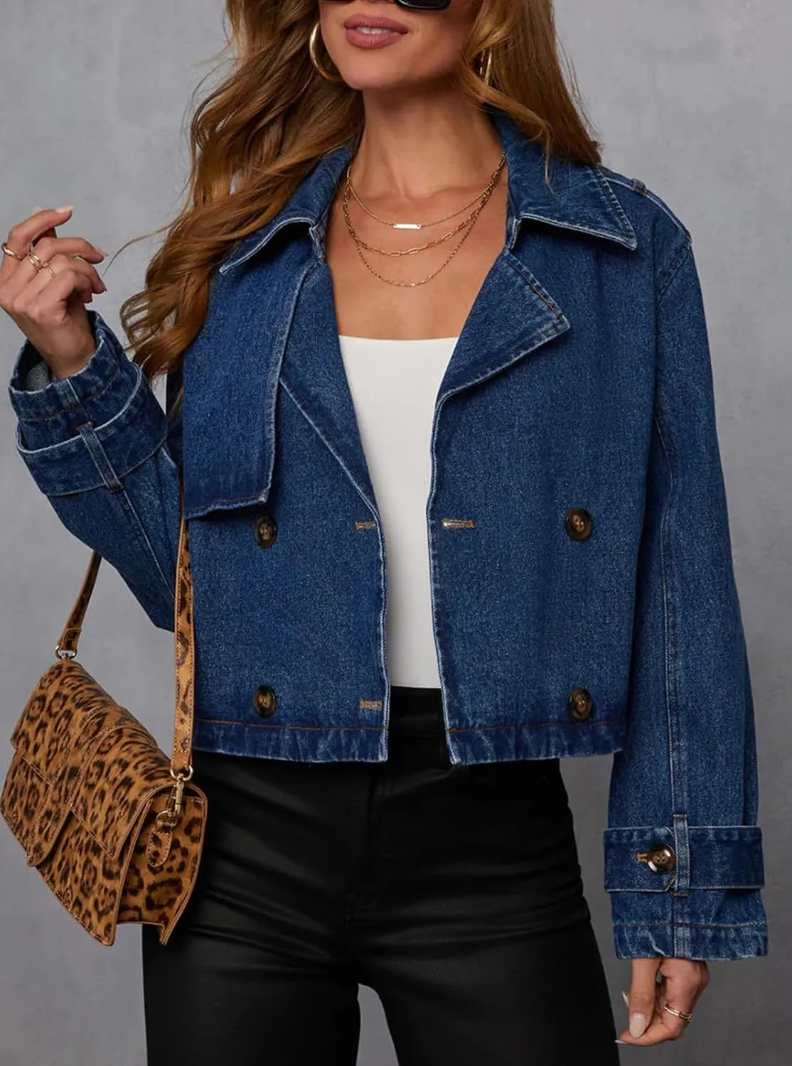 Womens Cropped Double Breasted Denim Trench Coat Vintage Notched Collar Work Office Crop Jean Jacket Belted Cuffs