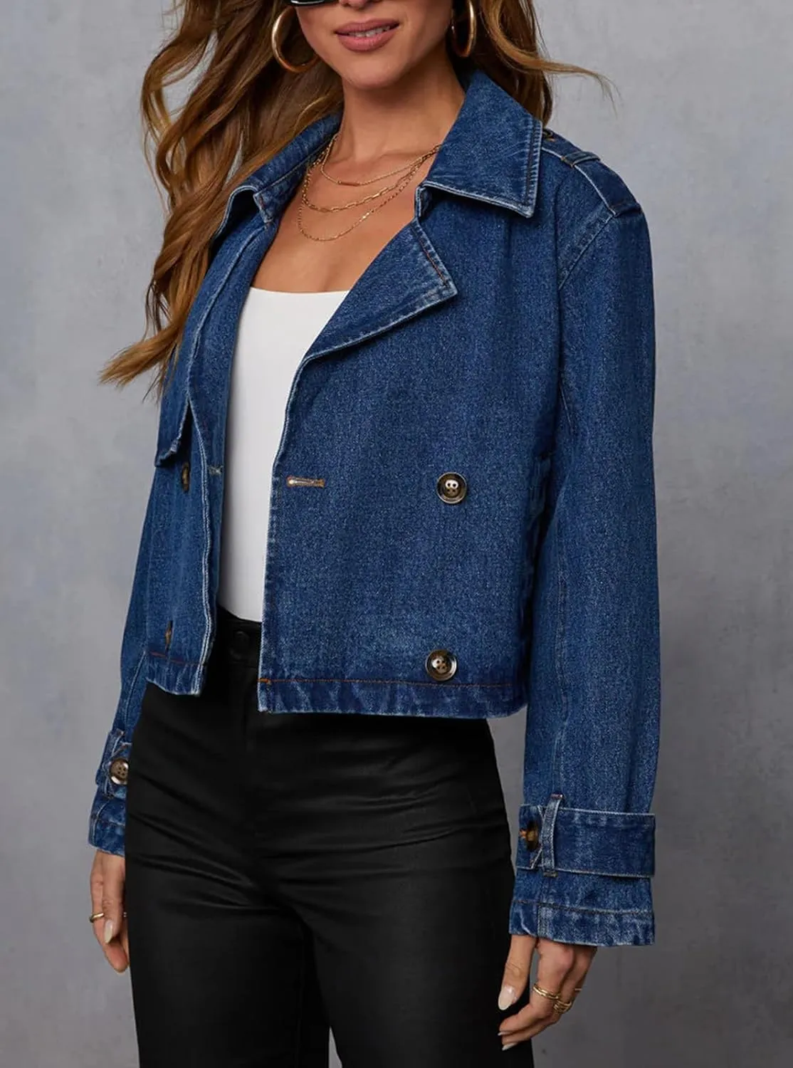 Womens Cropped Double Breasted Denim Trench Coat Vintage Notched Collar Work Office Crop Jean Jacket Belted Cuffs