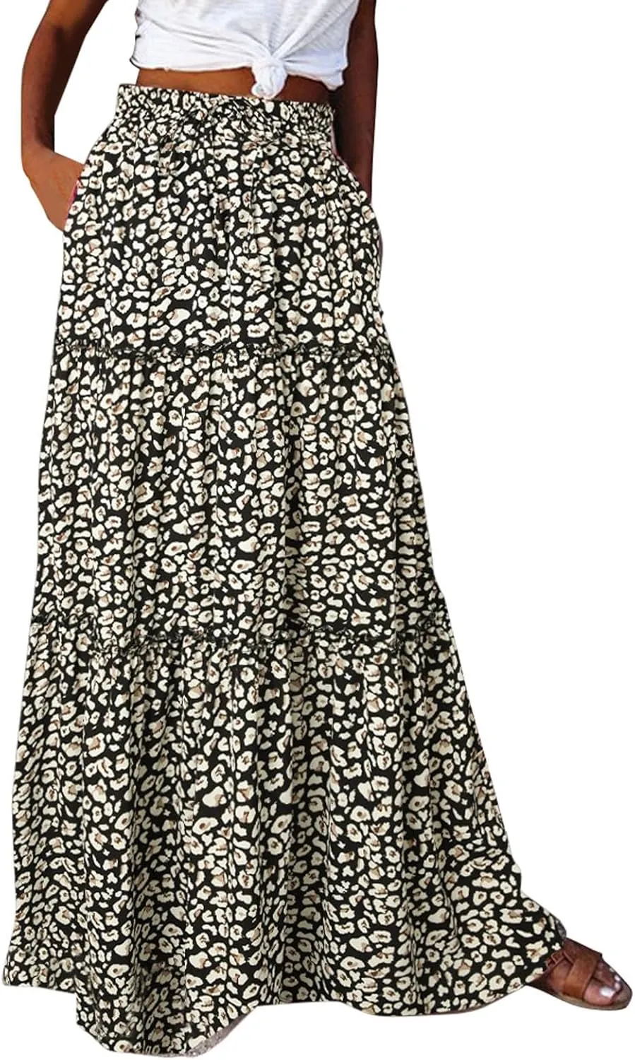Womens Elastic High Waist Floral Print Boho Maxi Skirt Tiered Pleated Flowy Long Summer Beach Casual Skirt