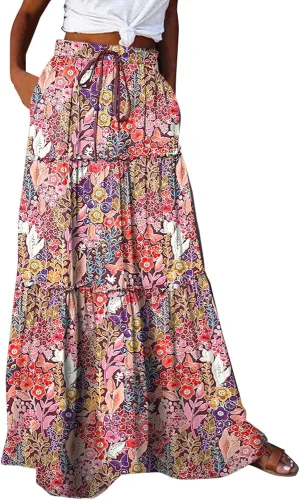 Womens Elastic High Waist Floral Print Boho Maxi Skirt Tiered Pleated Flowy Long Summer Beach Casual Skirt