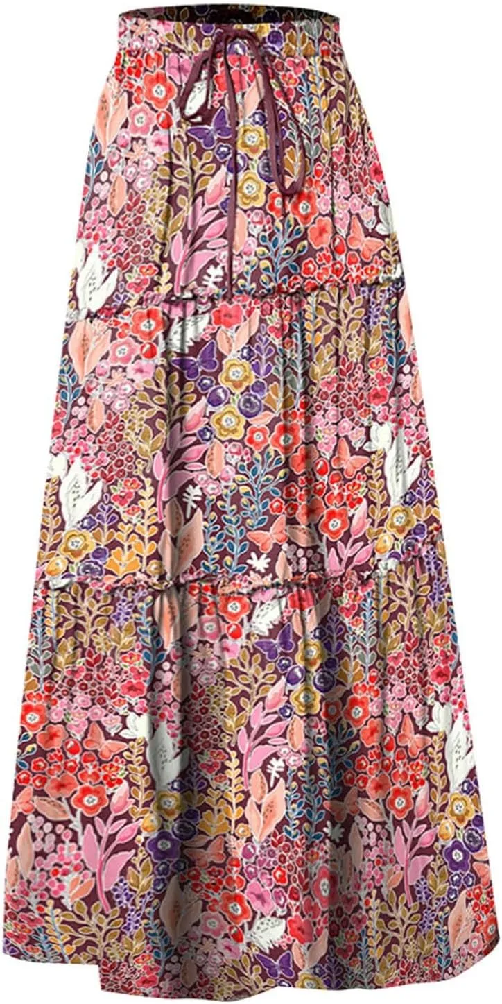Womens Elastic High Waist Floral Print Boho Maxi Skirt Tiered Pleated Flowy Long Summer Beach Casual Skirt