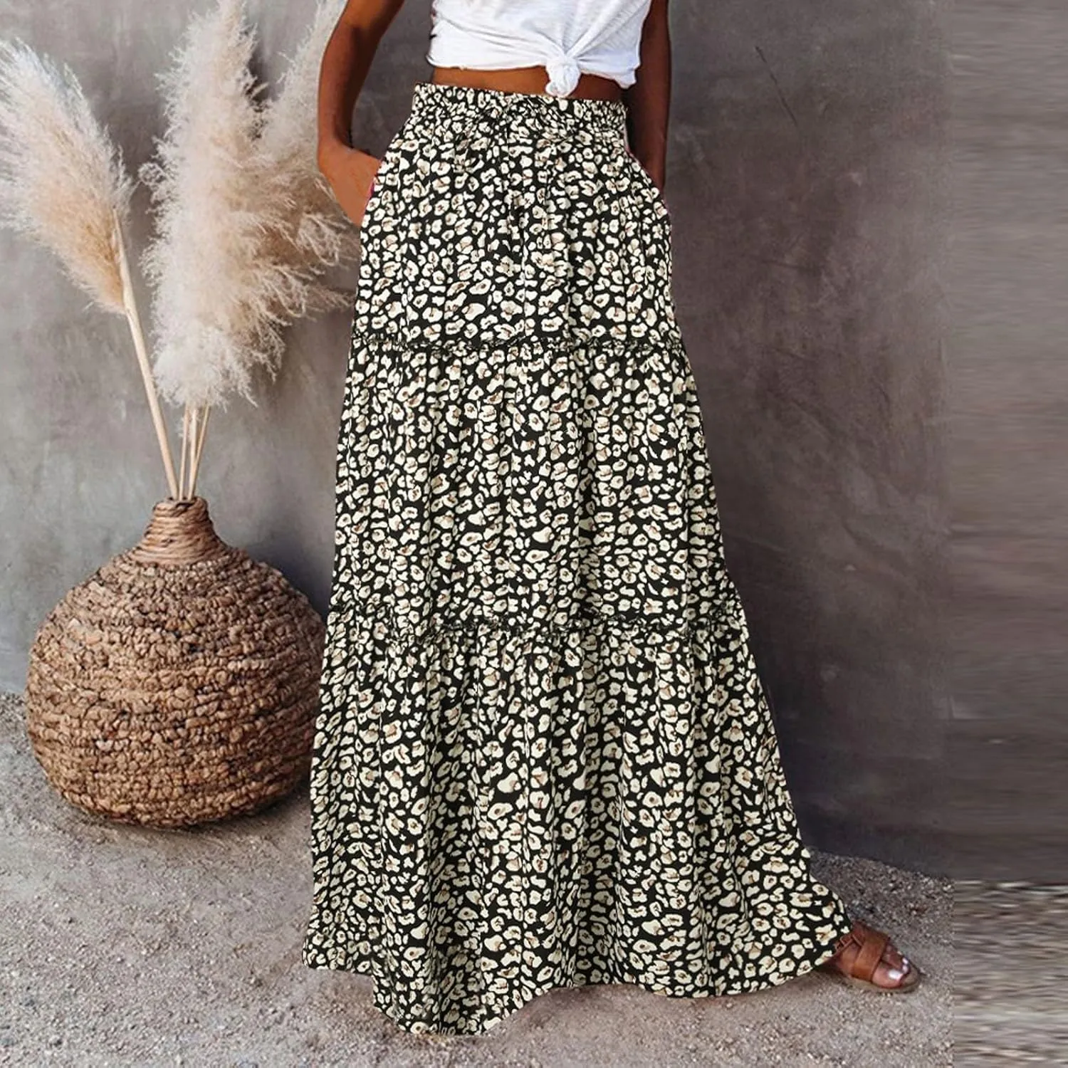 Womens Elastic High Waist Floral Print Boho Maxi Skirt Tiered Pleated Flowy Long Summer Beach Casual Skirt