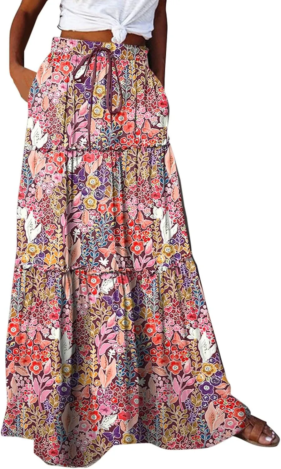 Womens Elastic High Waist Floral Print Boho Maxi Skirt Tiered Pleated Flowy Long Summer Beach Casual Skirt