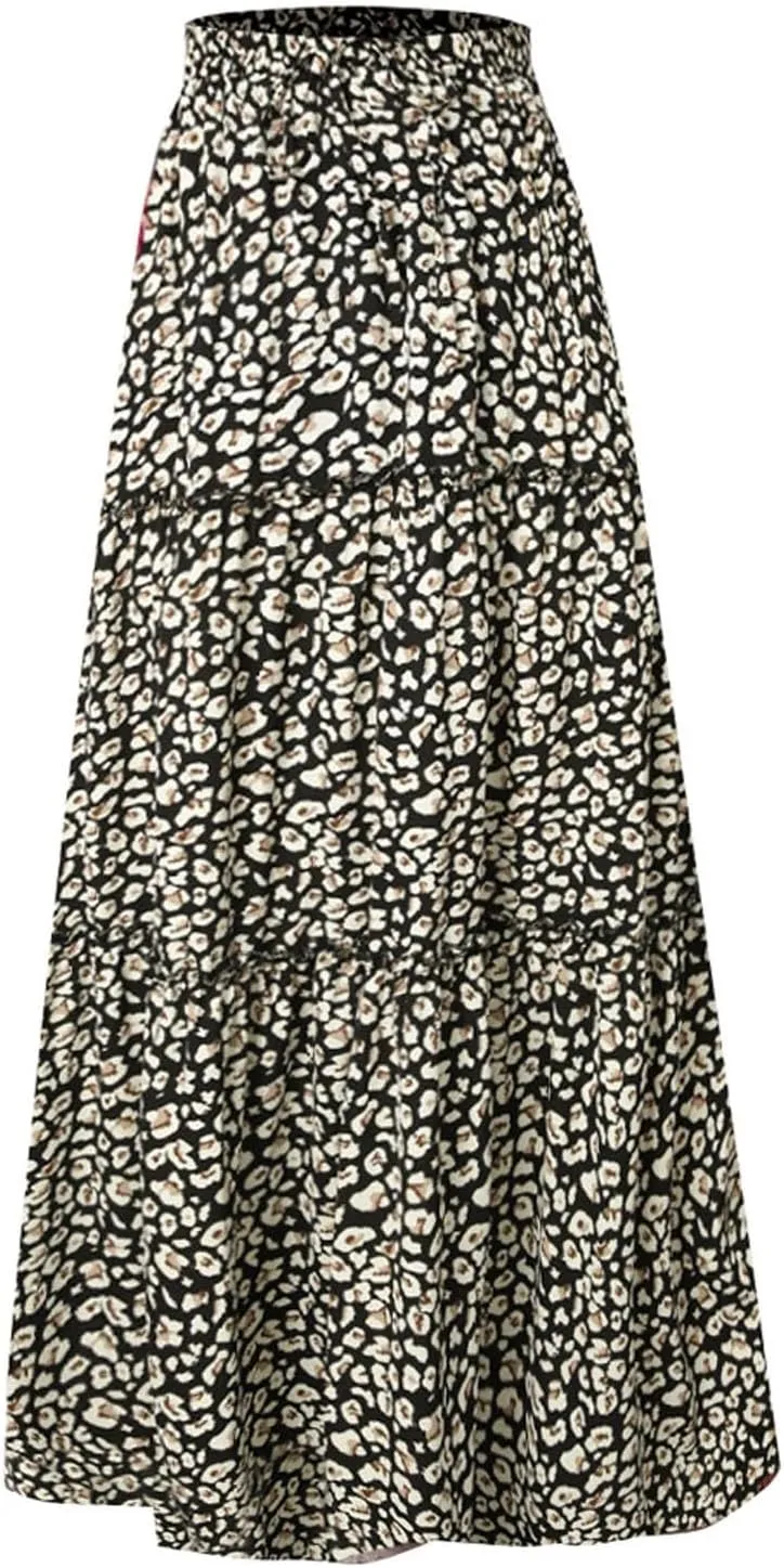 Womens Elastic High Waist Floral Print Boho Maxi Skirt Tiered Pleated Flowy Long Summer Beach Casual Skirt