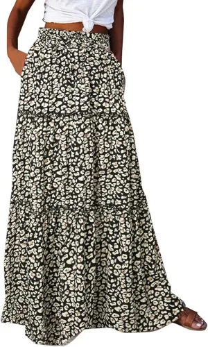 Womens Elastic High Waist Floral Print Boho Maxi Skirt Tiered Pleated Flowy Long Summer Beach Casual Skirt