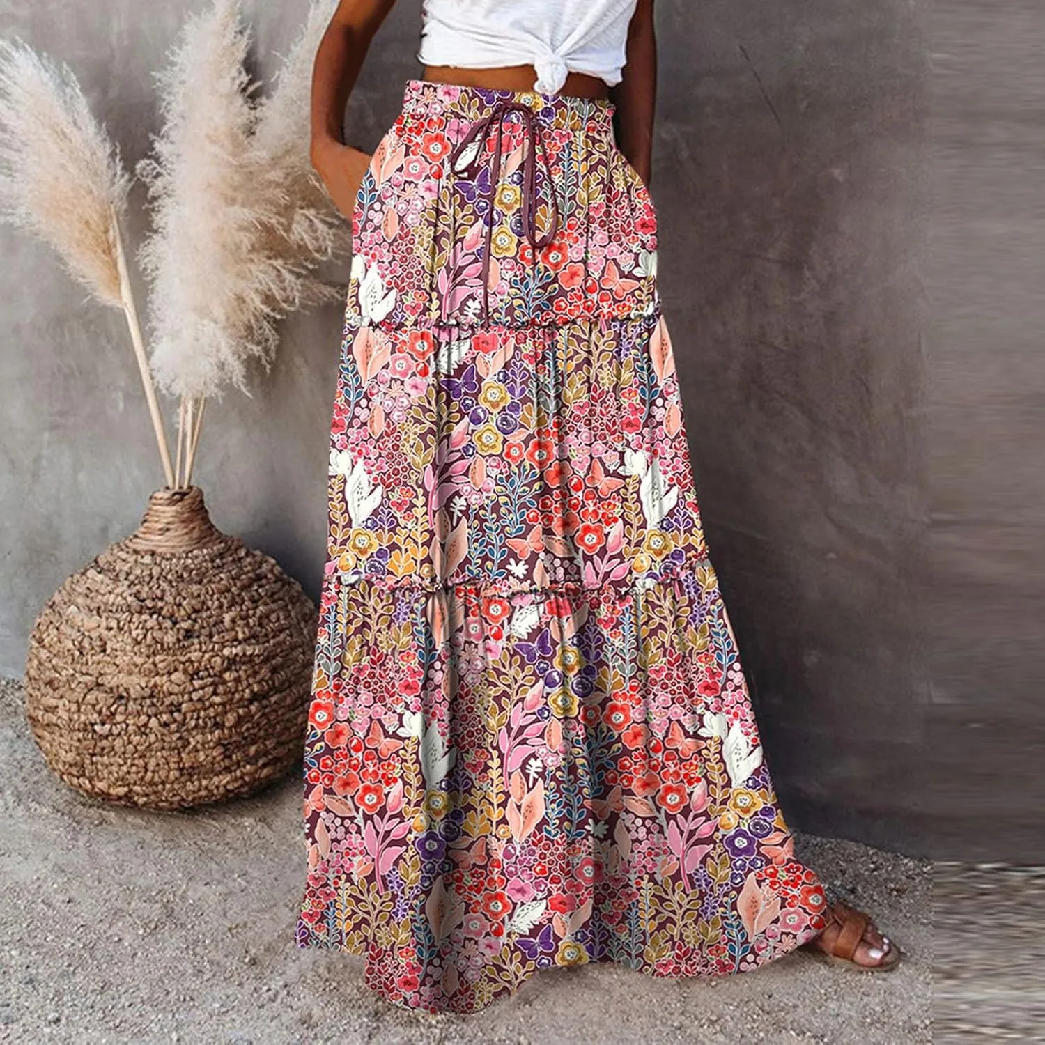 Womens Elastic High Waist Floral Print Boho Maxi Skirt Tiered Pleated Flowy Long Summer Beach Casual Skirt