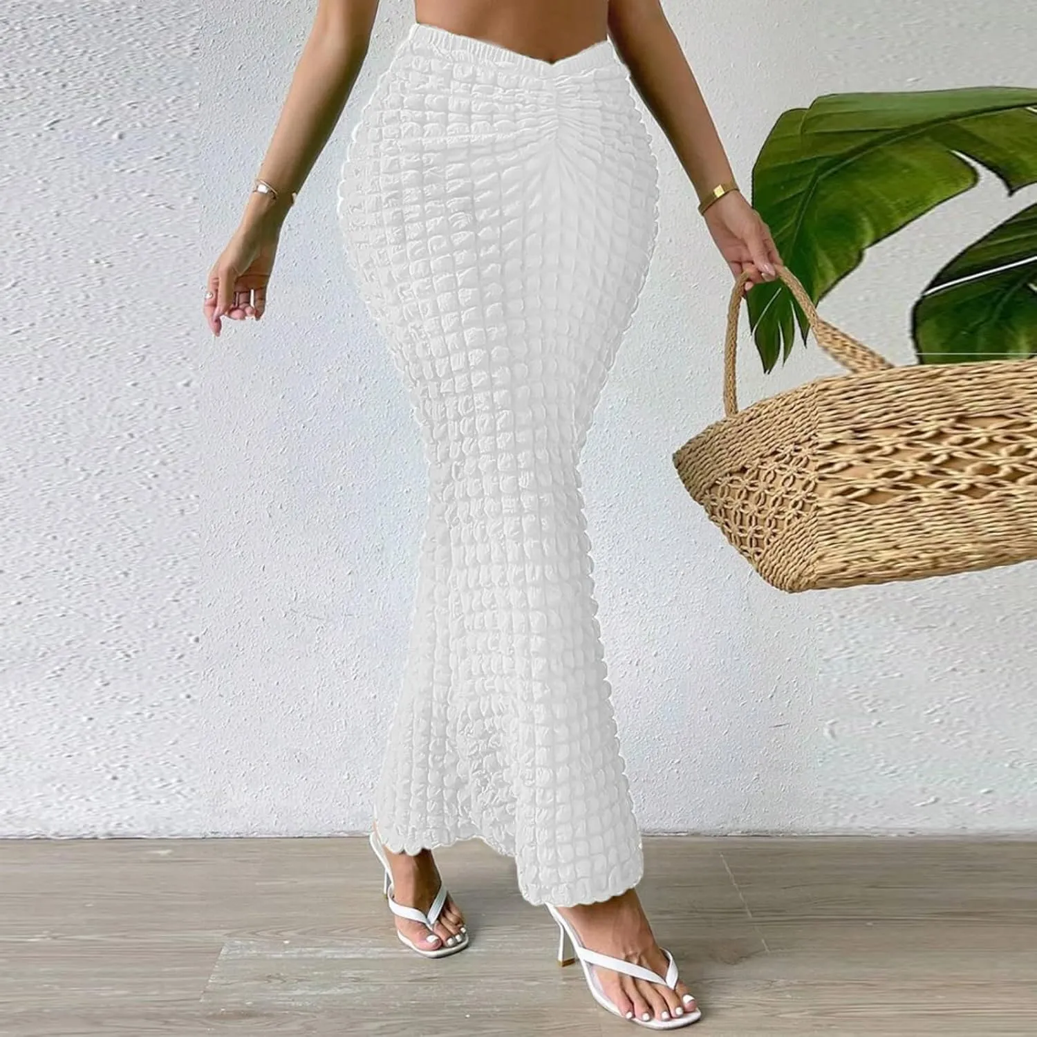 Womens Elegant Casual High Waisted Pleated Textured Fishtail Wrap Maxi Skirts Beach Club Sexy Vacation Outfits