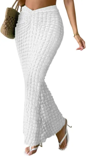 Womens Elegant Casual High Waisted Pleated Textured Fishtail Wrap Maxi Skirts Beach Club Sexy Vacation Outfits