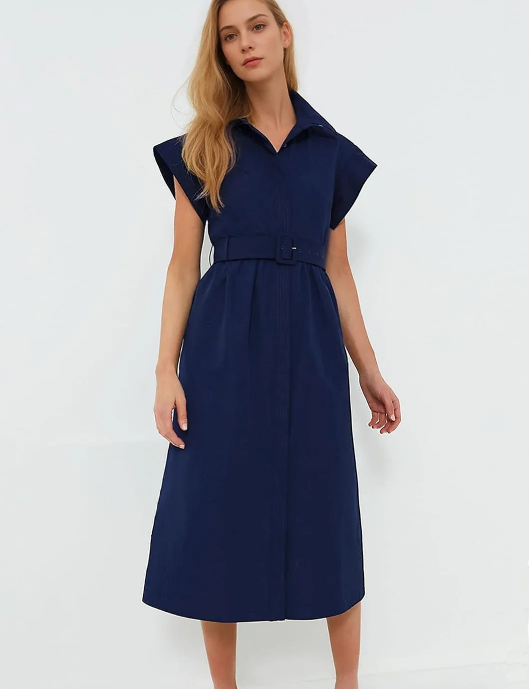 Women's Elegant Midi Shirt Dress Button Down Collared Trench Coat Business Dresses with Belt
