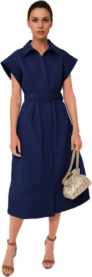 Women's Elegant Midi Shirt Dress Button Down Collared Trench Coat Business Dresses with Belt