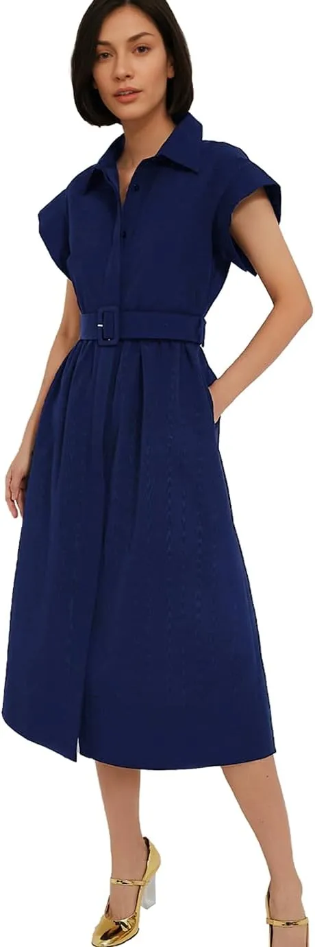 Women's Elegant Midi Shirt Dress Button Down Collared Trench Coat Business Dresses with Belt