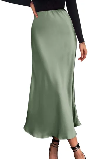 Womens Elegant Satin Skirts Casual A Line Midi Skirt Summer Spring High Waist Cocktail Party Wedding Long Skirt