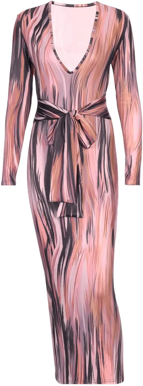Women's Fashion Sexy Ruched Long Sleeve Midi Club Party Bodycon Dress Casual Tie Dye Printed Pencil Dresses