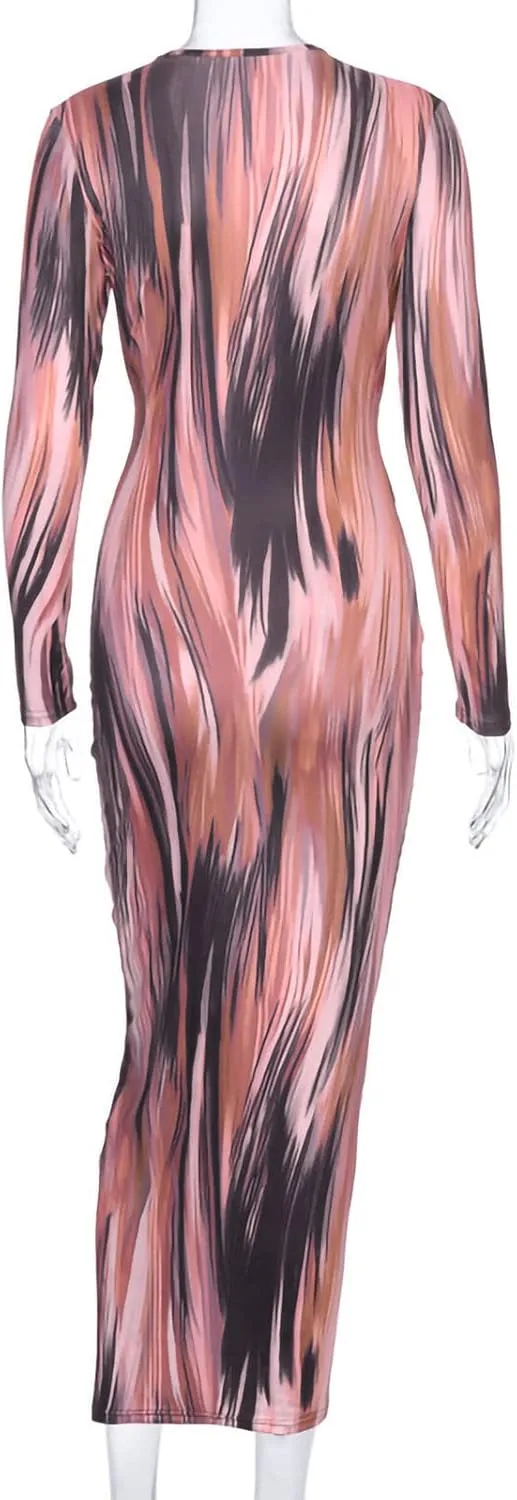 Women's Fashion Sexy Ruched Long Sleeve Midi Club Party Bodycon Dress Casual Tie Dye Printed Pencil Dresses