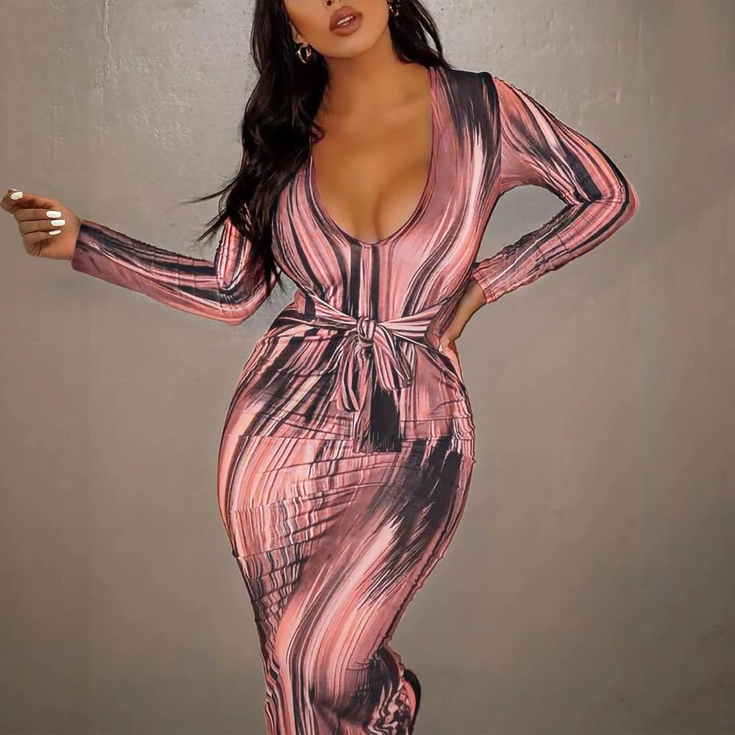 Women's Fashion Sexy Ruched Long Sleeve Midi Club Party Bodycon Dress Casual Tie Dye Printed Pencil Dresses