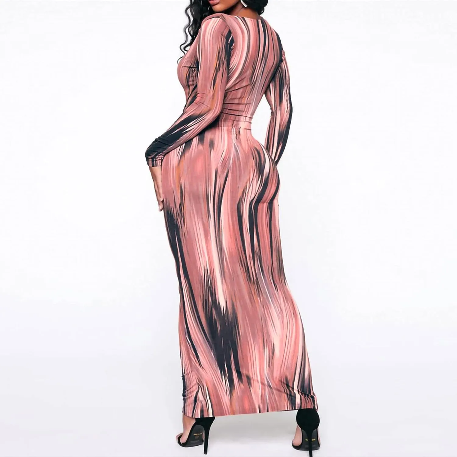 Women's Fashion Sexy Ruched Long Sleeve Midi Club Party Bodycon Dress Casual Tie Dye Printed Pencil Dresses