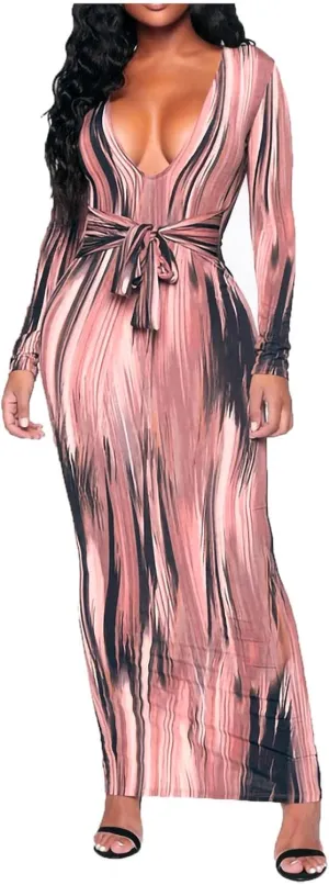 Women's Fashion Sexy Ruched Long Sleeve Midi Club Party Bodycon Dress Casual Tie Dye Printed Pencil Dresses