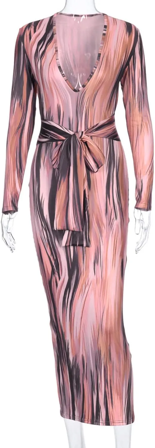 Women's Fashion Sexy Ruched Long Sleeve Midi Club Party Bodycon Dress Casual Tie Dye Printed Pencil Dresses