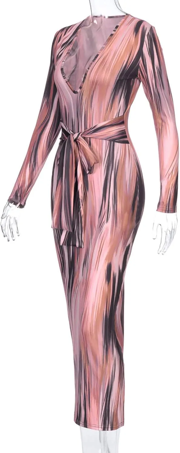 Women's Fashion Sexy Ruched Long Sleeve Midi Club Party Bodycon Dress Casual Tie Dye Printed Pencil Dresses
