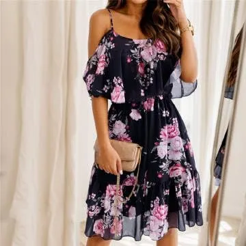 Womens Floral Flowy Mini Spaghetti Straps Off The Shoulder Tiered Dress, Chiffon A-line Ruffle Dresses Short Beach Sundresses