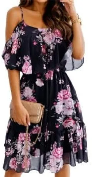 Womens Floral Flowy Mini Spaghetti Straps Off The Shoulder Tiered Dress, Chiffon A-line Ruffle Dresses Short Beach Sundresses