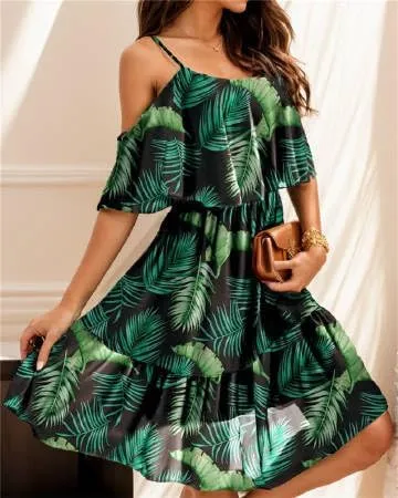 Womens Floral Flowy Mini Spaghetti Straps Off The Shoulder Tiered Dress, Chiffon A-line Ruffle Dresses Short Beach Sundresses