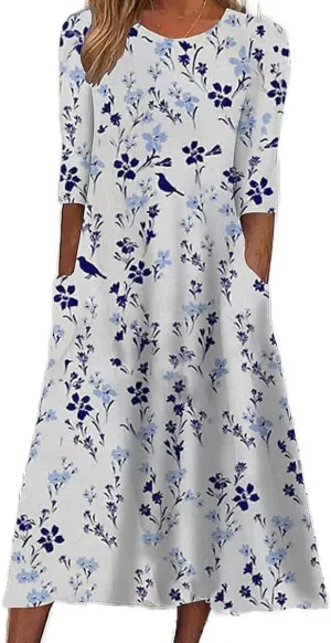 Womens Flowy Floral Dress Short Sleeve T Shirt Dress Maxi Loose Cute Print Vestido with Pocket