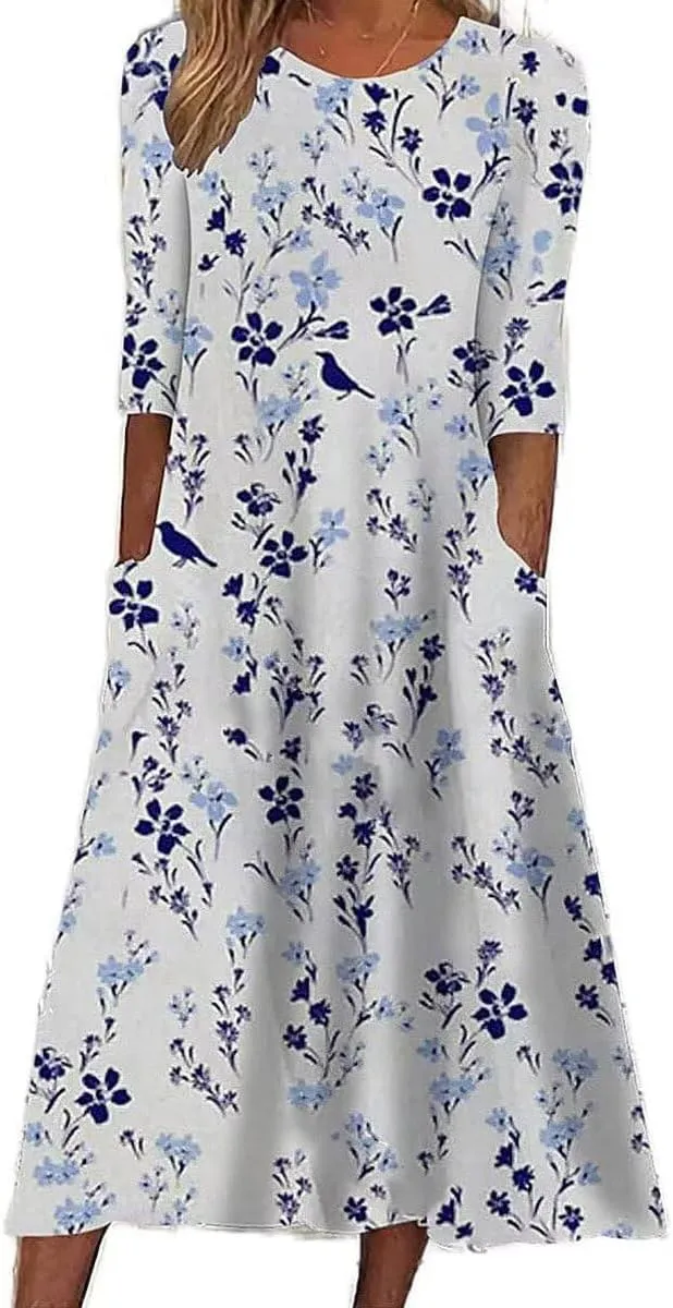 Womens Flowy Floral Dress Short Sleeve T Shirt Dress Maxi Loose Cute Print Vestido with Pocket