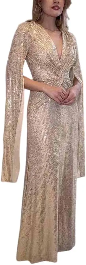 Womens Formal Sequin Evening Party Dress Maxi Cloak Sleeve Ball Gown V Neck Prom Gala/Cocktail/Club Elegant Dresses for Women