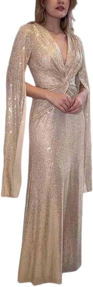Womens Formal Sequin Evening Party Dress Maxi Cloak Sleeve Ball Gown V Neck Prom Gala/Cocktail/Club Elegant Dresses for Women