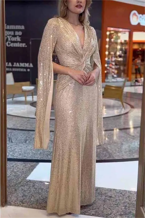 Womens Formal Sequin Evening Party Dress Maxi Cloak Sleeve Ball Gown V Neck Prom Gala/Cocktail/Club Elegant Dresses for Women