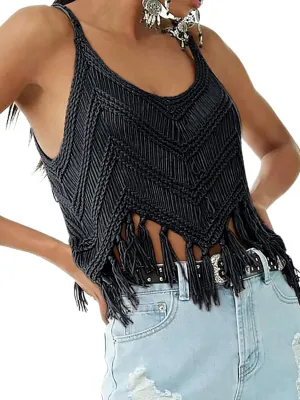 Womens Fringe Cami Western Cowgirl Tassel Tank Tops Sleeveless V-Neck Crochet Crop Top Boho Knitted Spaghetti Straps Vest