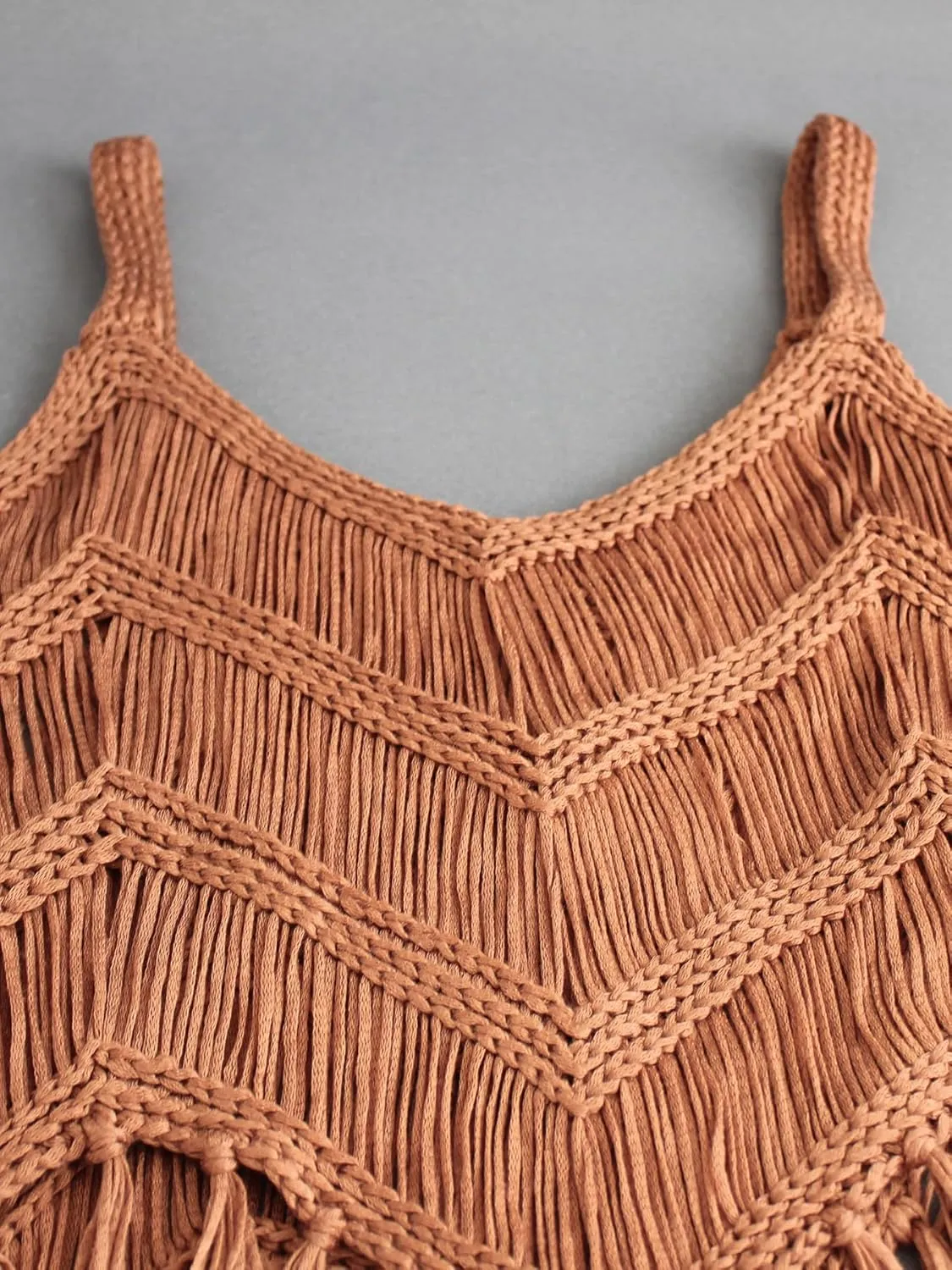 Womens Fringe Cami Western Cowgirl Tassel Tank Tops Sleeveless V-Neck Crochet Crop Top Boho Knitted Spaghetti Straps Vest