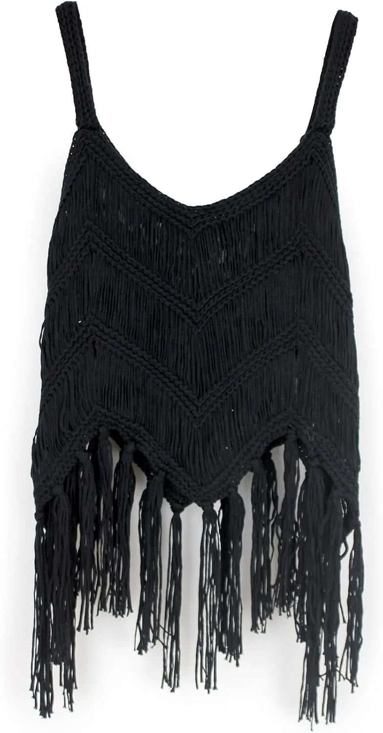 Womens Fringe Cami Western Cowgirl Tassel Tank Tops Sleeveless V-Neck Crochet Crop Top Boho Knitted Spaghetti Straps Vest