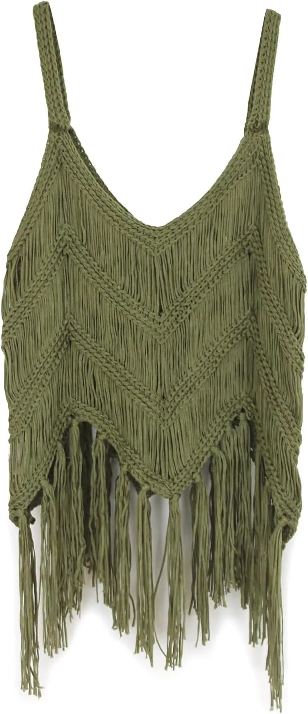 Womens Fringe Cami Western Cowgirl Tassel Tank Tops Sleeveless V-Neck Crochet Crop Top Boho Knitted Spaghetti Straps Vest