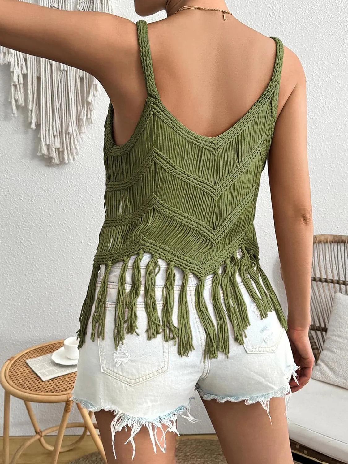 Womens Fringe Cami Western Cowgirl Tassel Tank Tops Sleeveless V-Neck Crochet Crop Top Boho Knitted Spaghetti Straps Vest