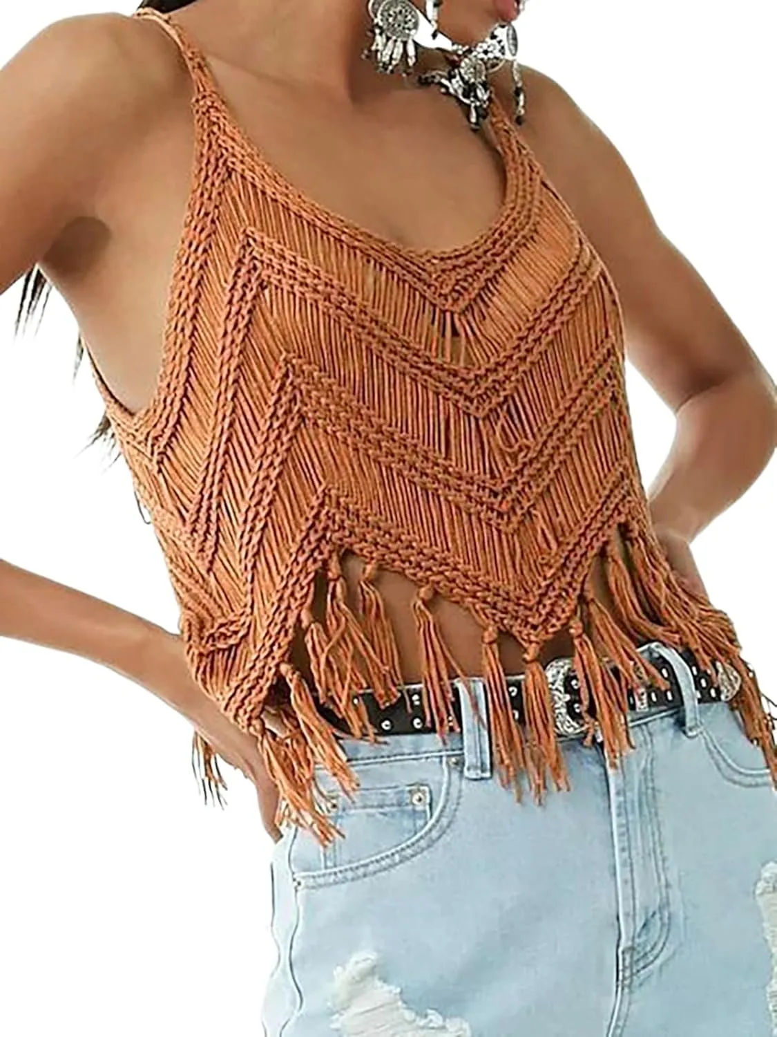 Womens Fringe Cami Western Cowgirl Tassel Tank Tops Sleeveless V-Neck Crochet Crop Top Boho Knitted Spaghetti Straps Vest