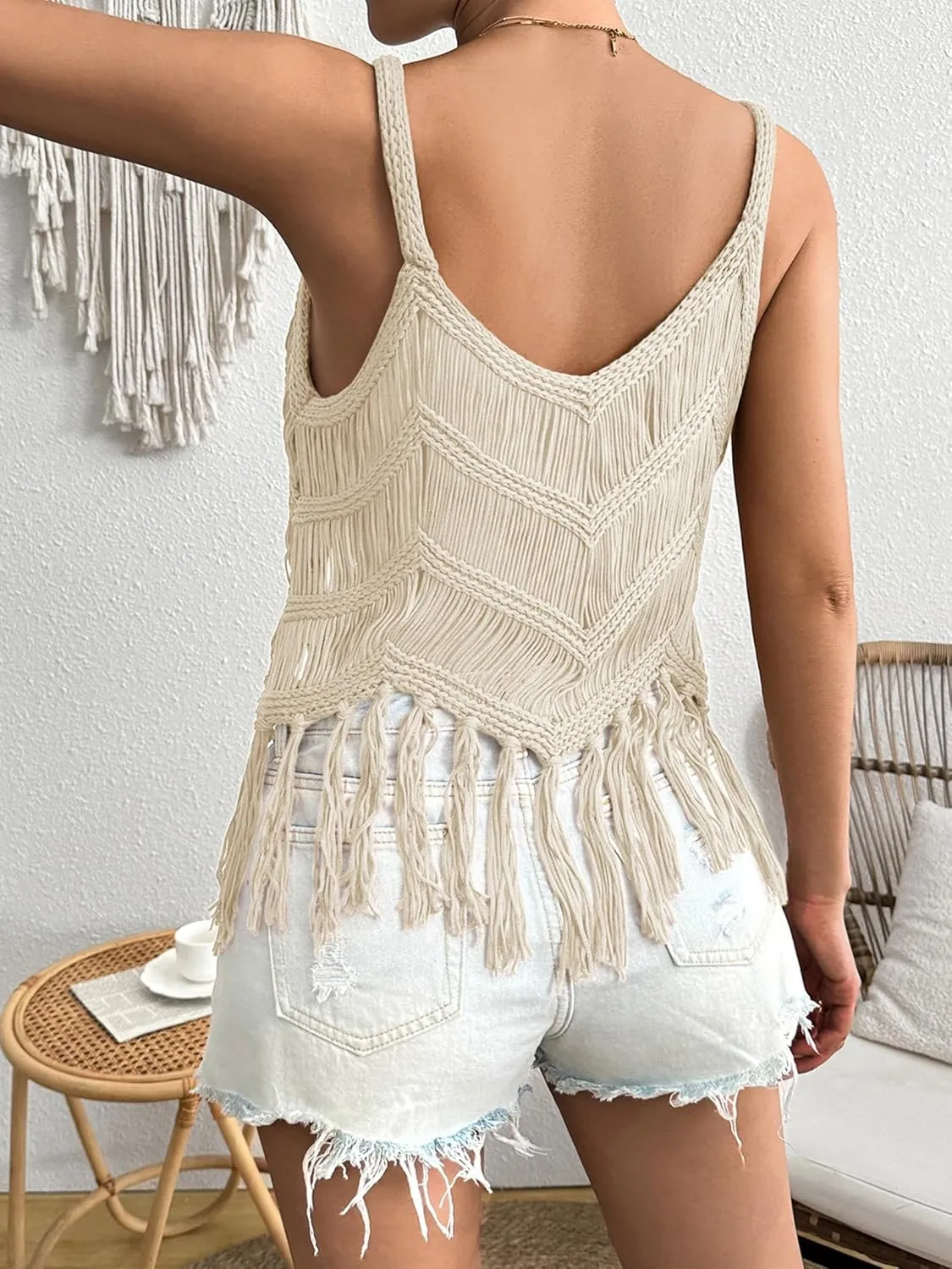 Womens Fringe Cami Western Cowgirl Tassel Tank Tops Sleeveless V-Neck Crochet Crop Top Boho Knitted Spaghetti Straps Vest