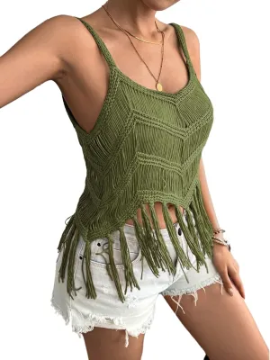 Womens Fringe Cami Western Cowgirl Tassel Tank Tops Sleeveless V-Neck Crochet Crop Top Boho Knitted Spaghetti Straps Vest