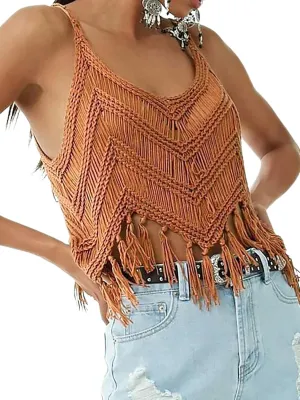 Womens Fringe Cami Western Cowgirl Tassel Tank Tops Sleeveless V-Neck Crochet Crop Top Boho Knitted Spaghetti Straps Vest
