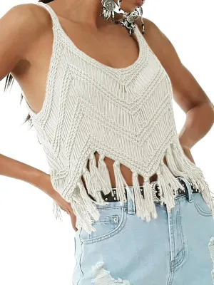 Womens Fringe Cami Western Cowgirl Tassel Tank Tops Sleeveless V-Neck Crochet Crop Top Boho Knitted Spaghetti Straps Vest