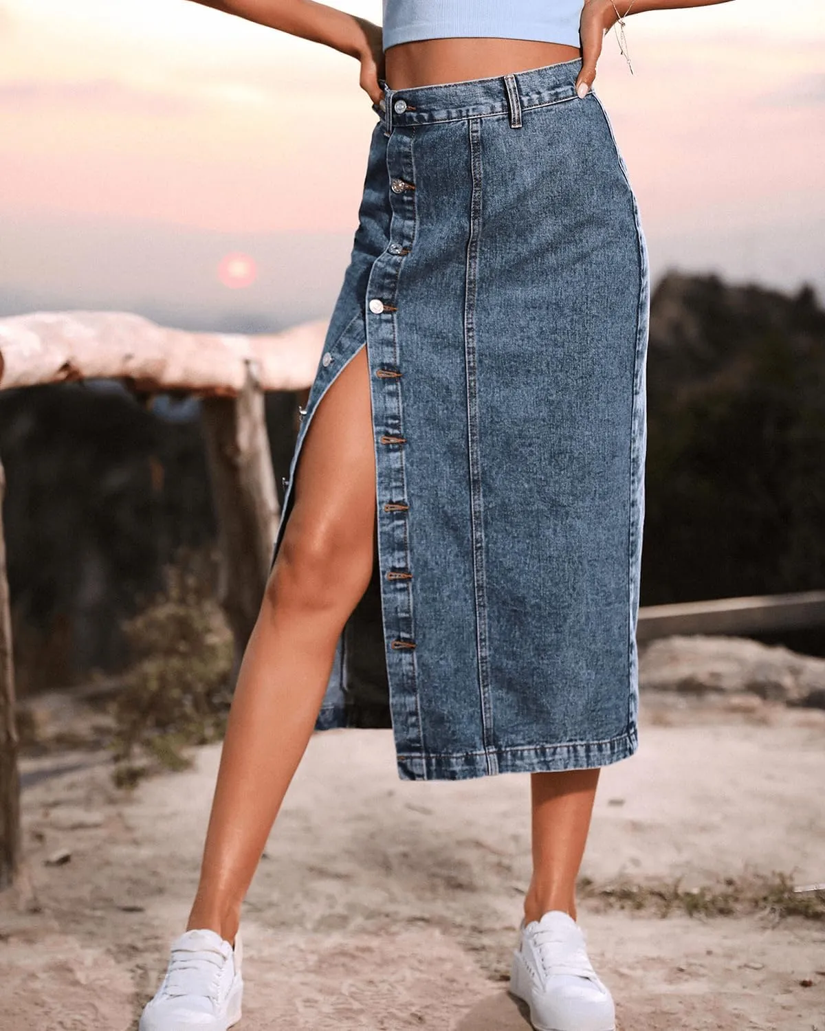 Womens High Waisted Washed Button Front Denim Long Skirt Midi Length A Line Denim Jean Pencil Skirt