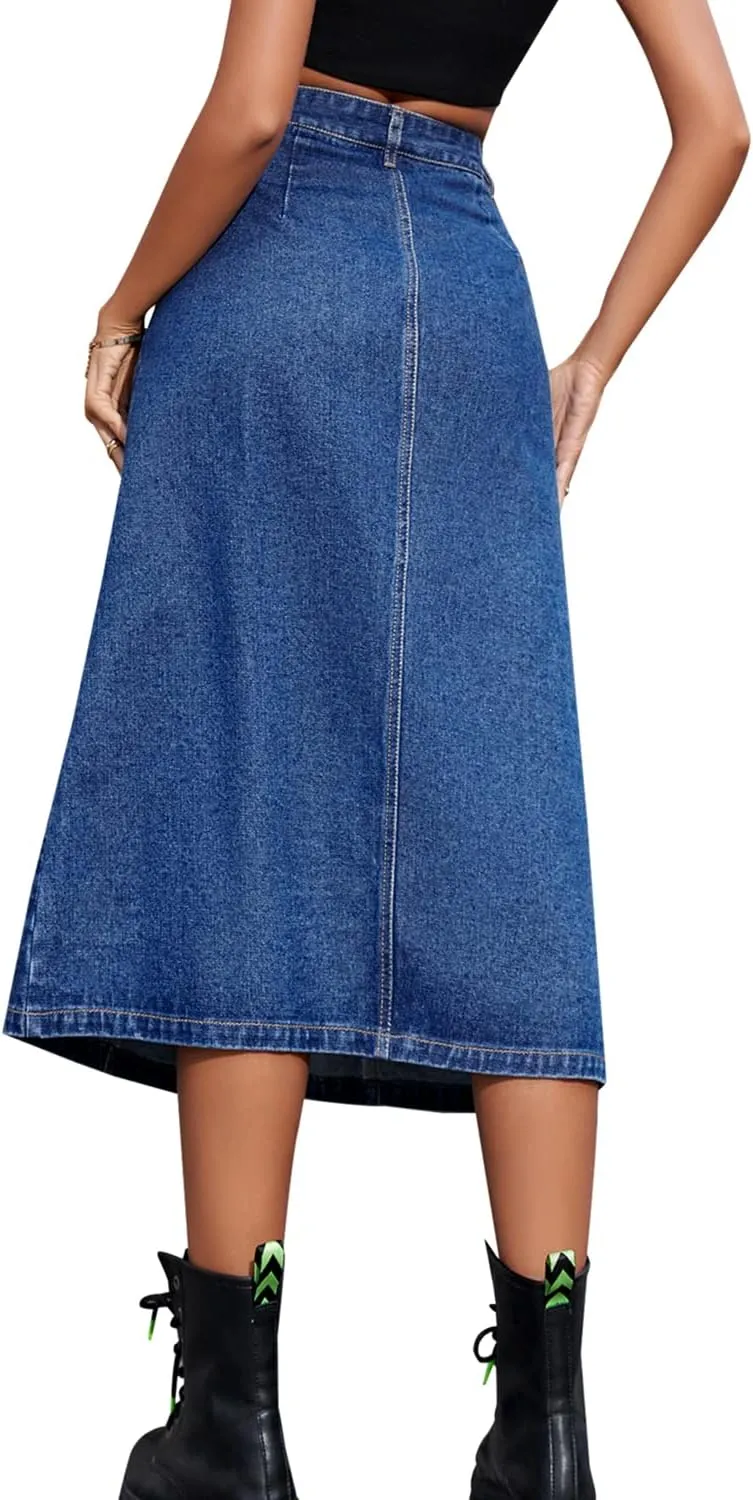 Womens High Waisted Washed Button Front Denim Long Skirt Midi Length A Line Denim Jean Pencil Skirt