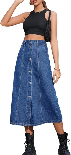 Womens High Waisted Washed Button Front Denim Long Skirt Midi Length A Line Denim Jean Pencil Skirt