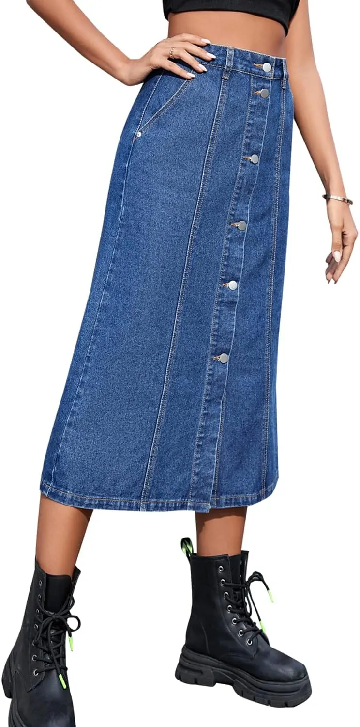 Womens High Waisted Washed Button Front Denim Long Skirt Midi Length A Line Denim Jean Pencil Skirt