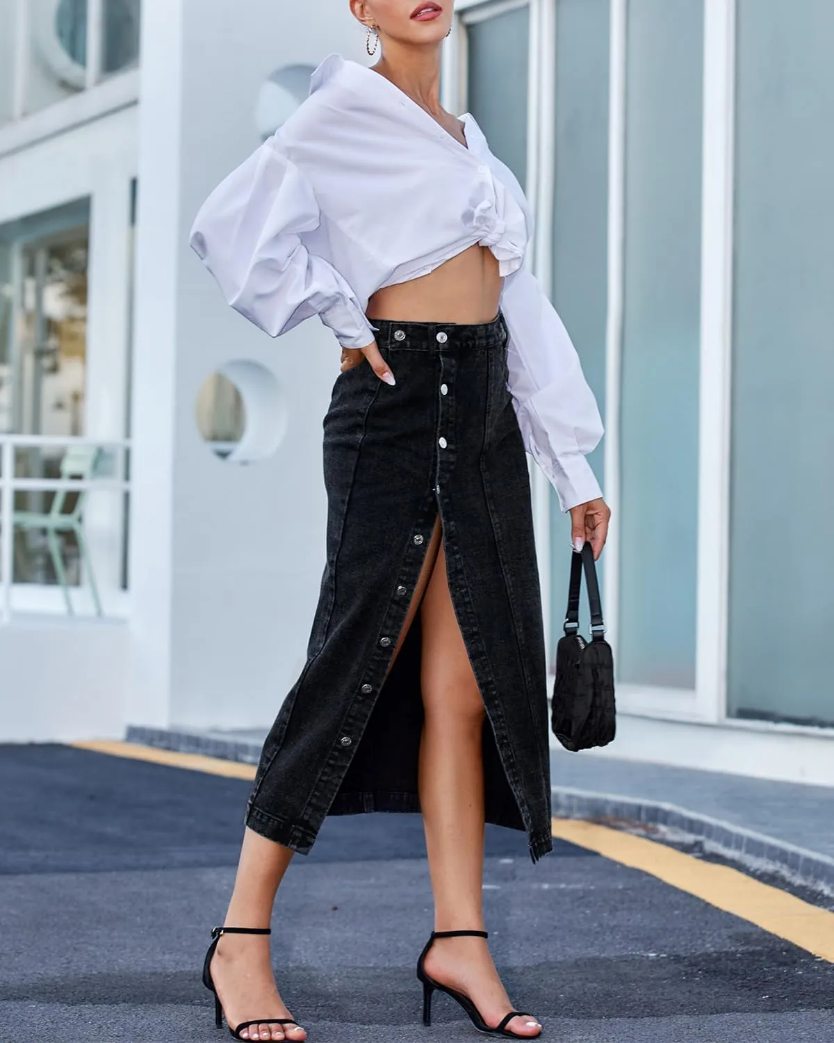 Womens High Waisted Washed Button Front Denim Long Skirt Midi Length A Line Denim Jean Pencil Skirt