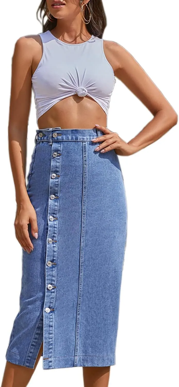 Womens High Waisted Washed Button Front Denim Long Skirt Midi Length A Line Denim Jean Pencil Skirt