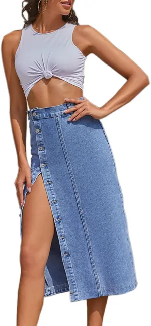 Womens High Waisted Washed Button Front Denim Long Skirt Midi Length A Line Denim Jean Pencil Skirt